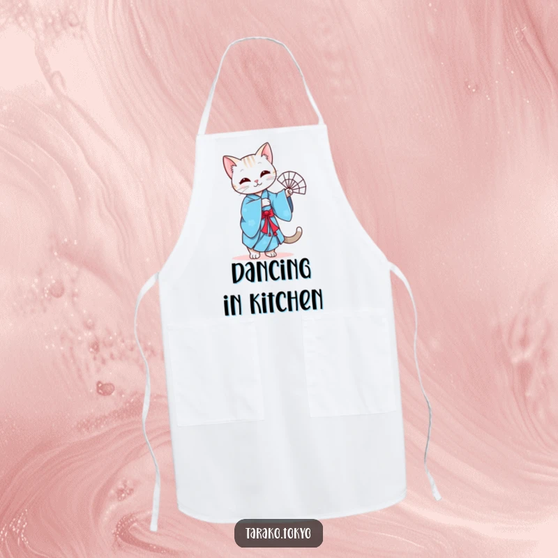 Funny apron featuring a graceful cat in a blue kimono performing a fan dance, perfect for a stylish cooking experience.