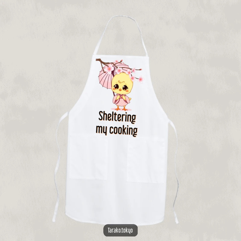 Funny charming chick apron, wearing a small kimono and paper umbrella, peeking from cherry blossoms, perfect for a cute kitchen.