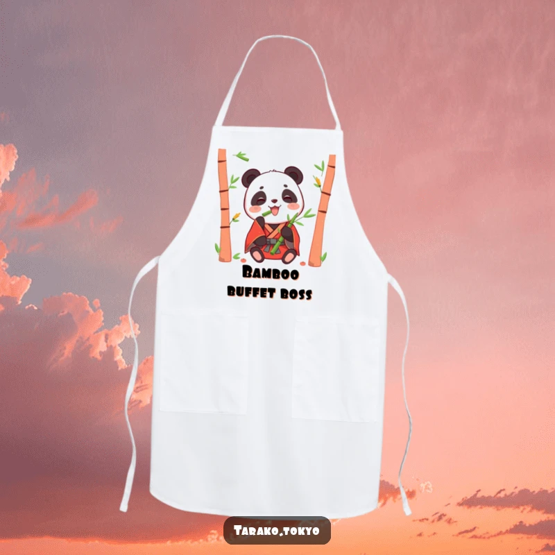 Funny apron featuring a happy panda in a red kimono eating bamboo shoots, perfect for a delightful cooking experience.