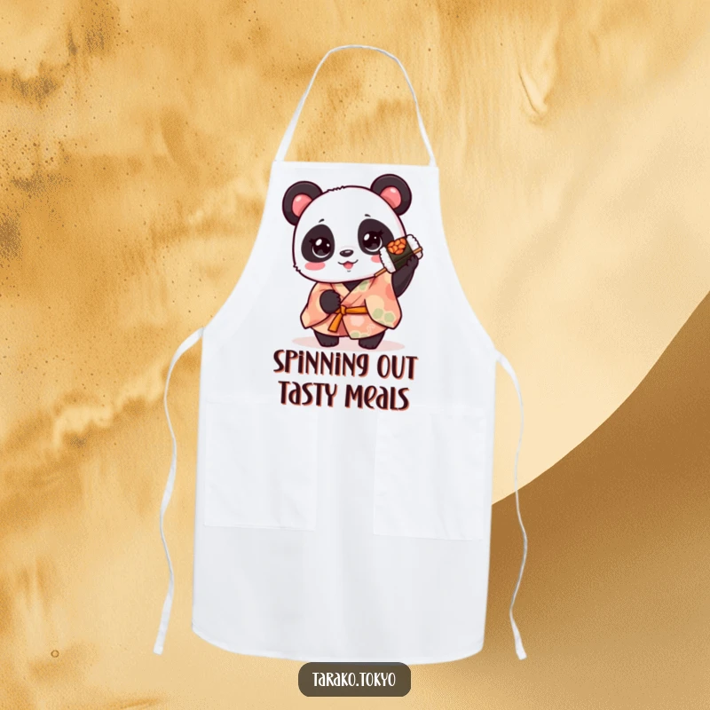Funny cute panda apron, in a kimono, holding a spinning sushi roll, perfect for a chef who loves food and fun.