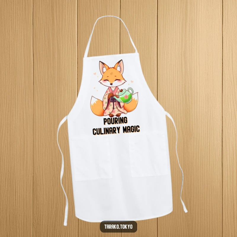 Funny graceful fox apron, in a floral kimono, pouring green tea, perfect for an elegant host with a humorous side.