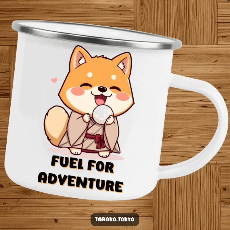 Funny Shiba Inu camping mug, wearing a kimono, enthusiastically presenting a rice ball, durable and humorous outdoor gear.