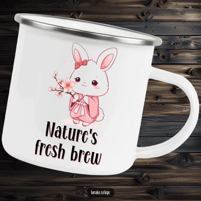 Funny Camping Mug with a fluffy bunny in a pink kimono holding a cherry blossom, perfect for outdoor enthusiasts.