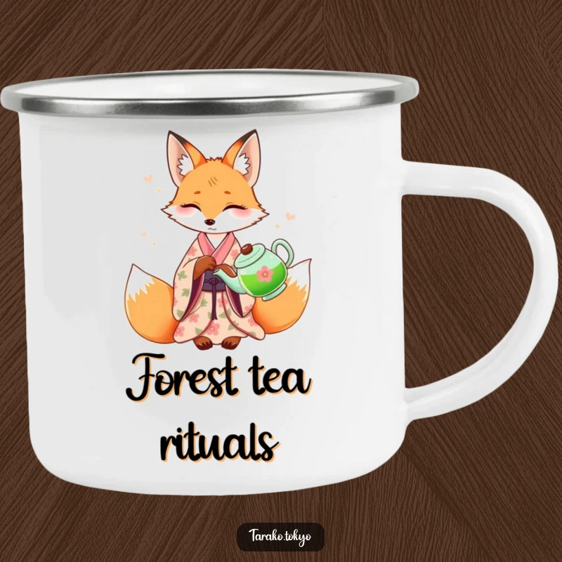 Funny graceful fox camping mug, in a kimono, pouring green tea, ready for elegant outdoor moments and quiet enjoyment.