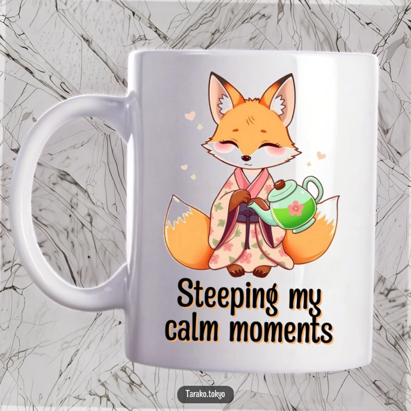 Funny graceful fox mug, wearing a floral kimono, elegantly pouring green tea from a teapot, embodying serene humor and refined taste.