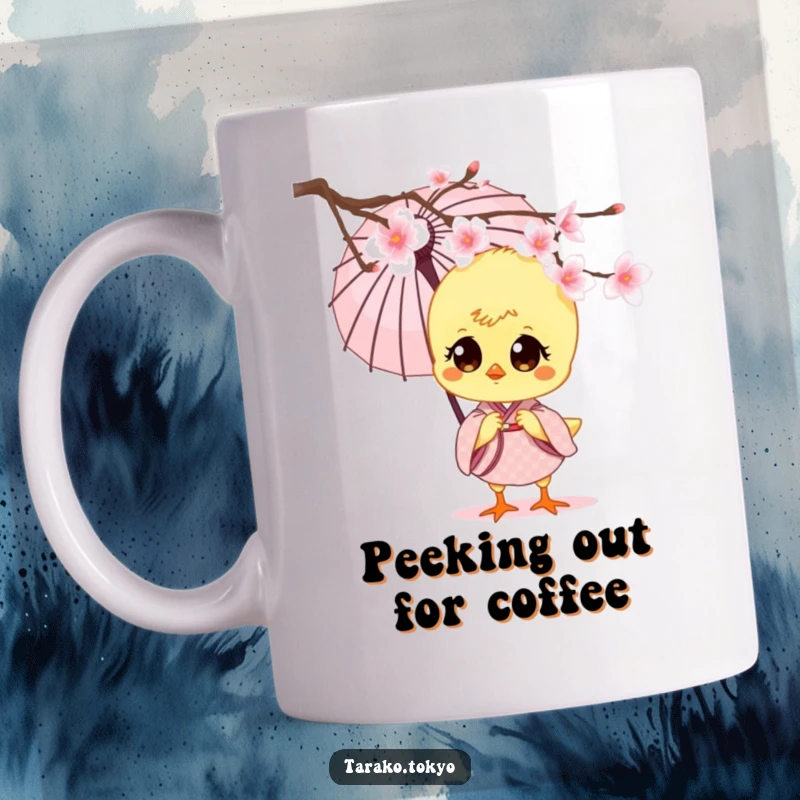 Funny charming chick mug, wearing a small kimono, holding a paper umbrella, peeking from behind a cherry blossom, radiating sweet innocence.