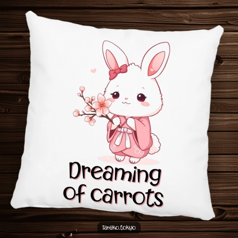 Funny Pillow with a fluffy bunny in a pink kimono holding a cherry blossom, soft decorative accent for sofas and beds.