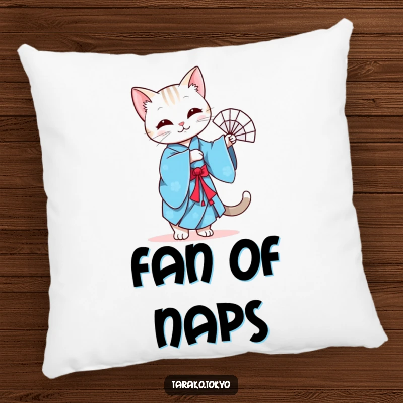 Funny pillow with a graceful cat in a blue kimono performing a fan dance, designed for comfort and elegant amusement.