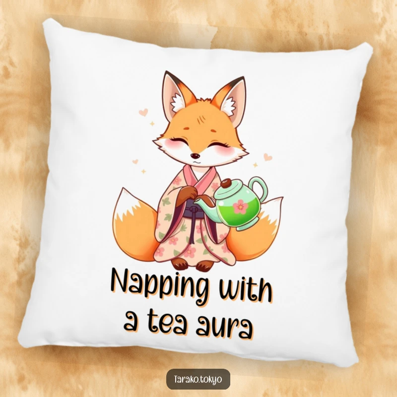 Funny graceful fox pillow, in a floral kimono, pouring green tea, offering comfort and serene, artistic amusement.