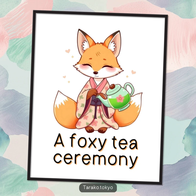 Funny graceful fox digital art, wearing a kimono and pouring green tea, radiating serene charm and sophisticated humor.