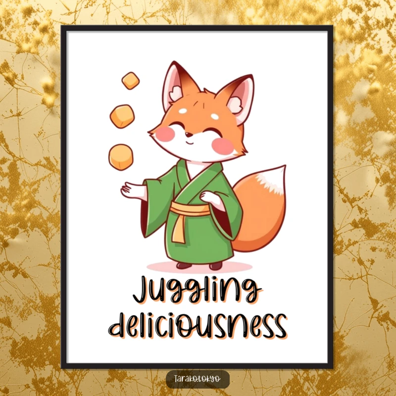 Funny Digital Art Print of a playful fox in a green kimono juggling colorful mochi, dynamic and high-quality.