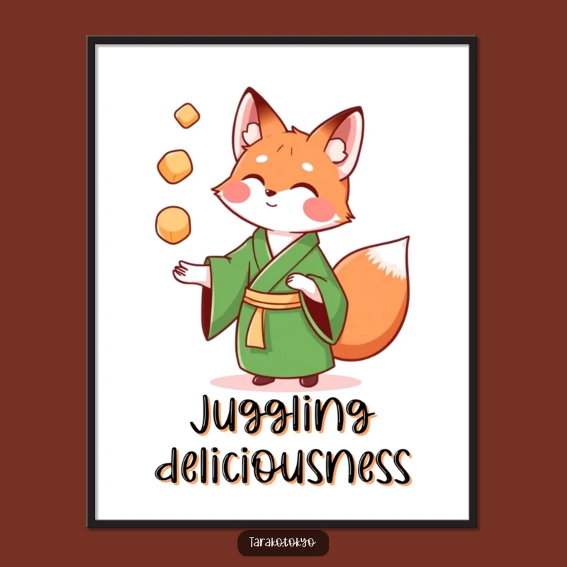 Funny Fox Mochi Digital Art: High-resolution funny print of a juggling green kimono fox.