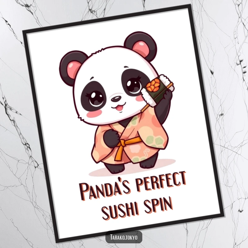 Funny cute panda digital art, wearing a kimono and holding a spinning sushi roll, radiating cheerful charm and foodie fun.
