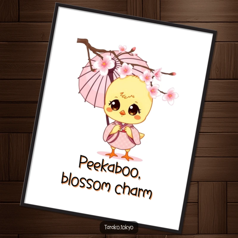 Funny charming chick digital art, wearing a kimono and holding an umbrella, peeking from cherry blossoms, radiating sweet and humorous charm.