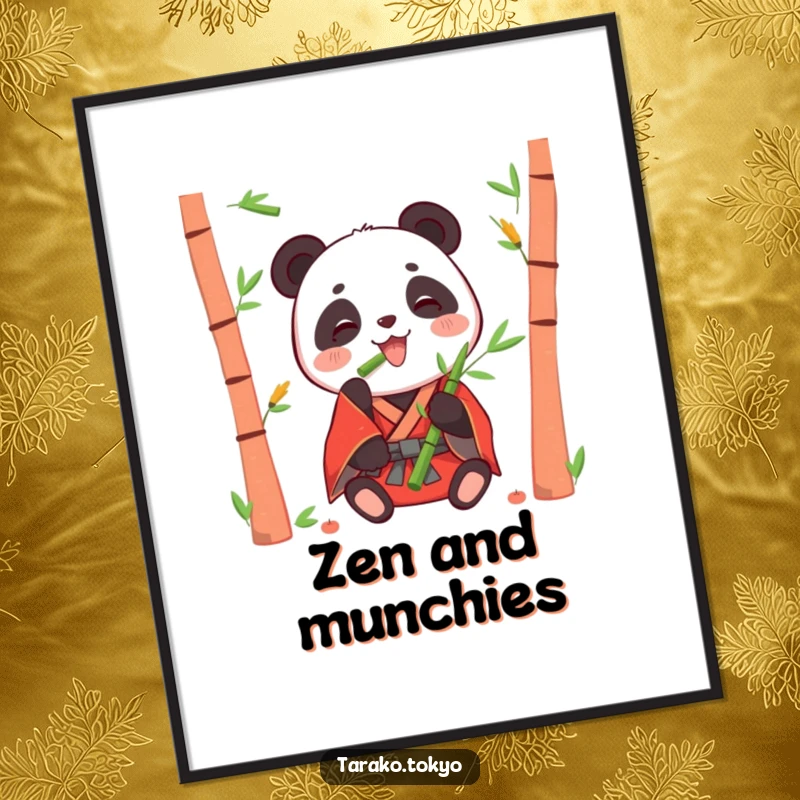 Funny digital art print of a happy panda in a red kimono eating bamboo shoots, capturing pure contentment and joy.