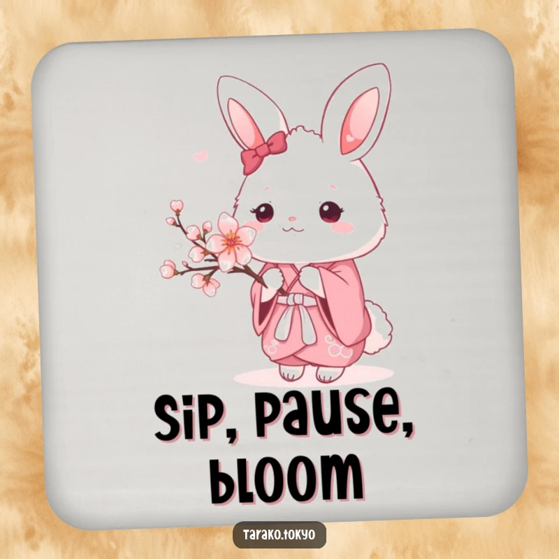 Funny Drink Coasters featuring a fluffy bunny in a pink kimono holding a cherry blossom, protecting surfaces with kawaii style.