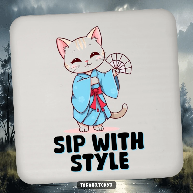 Funny drink coasters featuring a graceful cat in a blue kimono performing a fan dance, protecting surfaces with elegance.