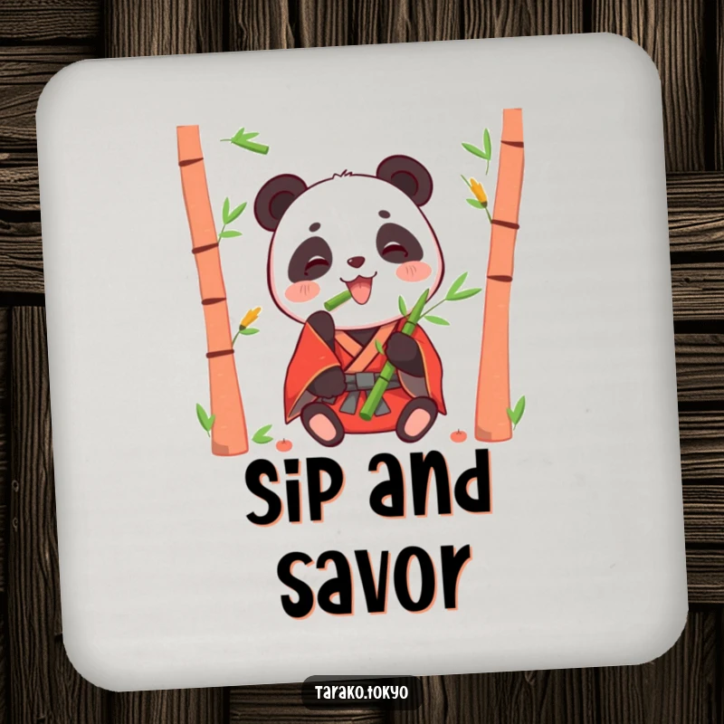 Funny drink coasters featuring a happy panda in a red kimono eating bamboo shoots, protecting surfaces with charm.