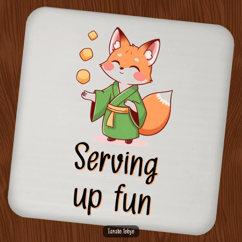 Funny Drink Coasters featuring a playful fox in a green kimono juggling colorful mochi, perfect for protecting surfaces.