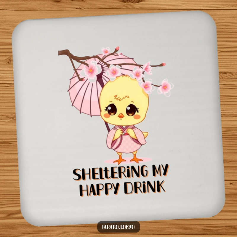 Funny charming chick coaster, in a small kimono, holding a paper umbrella, peeking from cherry blossoms, a cute and humorous protector.