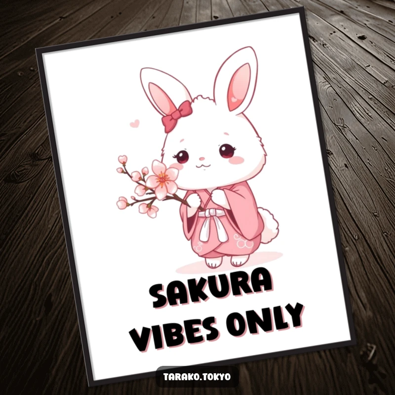 Funny Poster showcasing a fluffy bunny in a pink kimono holding a cherry blossom, perfect kawaii wall decor.