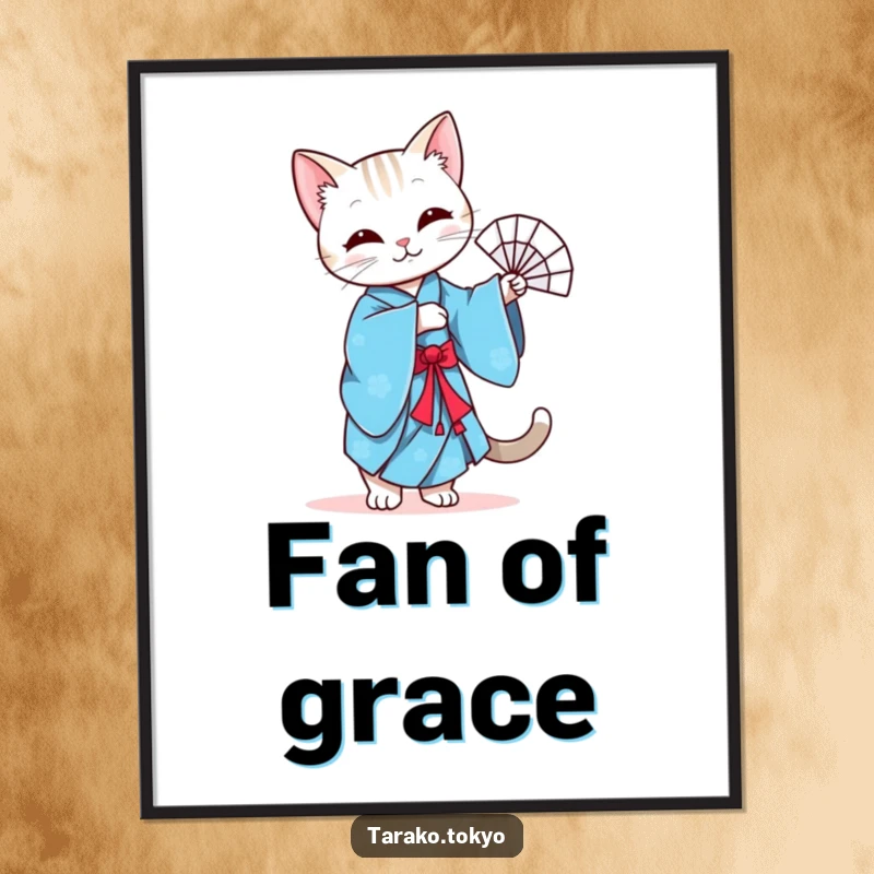 Funny poster of a graceful cat in a vibrant blue kimono performing a gentle fan dance, adding artistic charm.