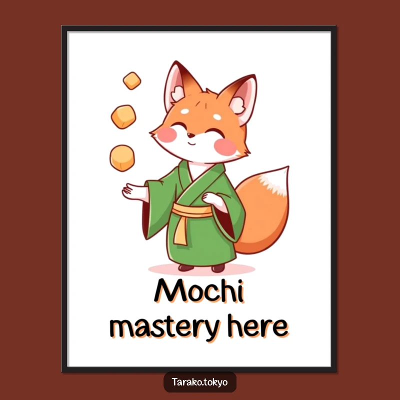 Funny Fox Kimono Poster: Vibrant mochi juggling fox art, a fantastic funny gift for walls.