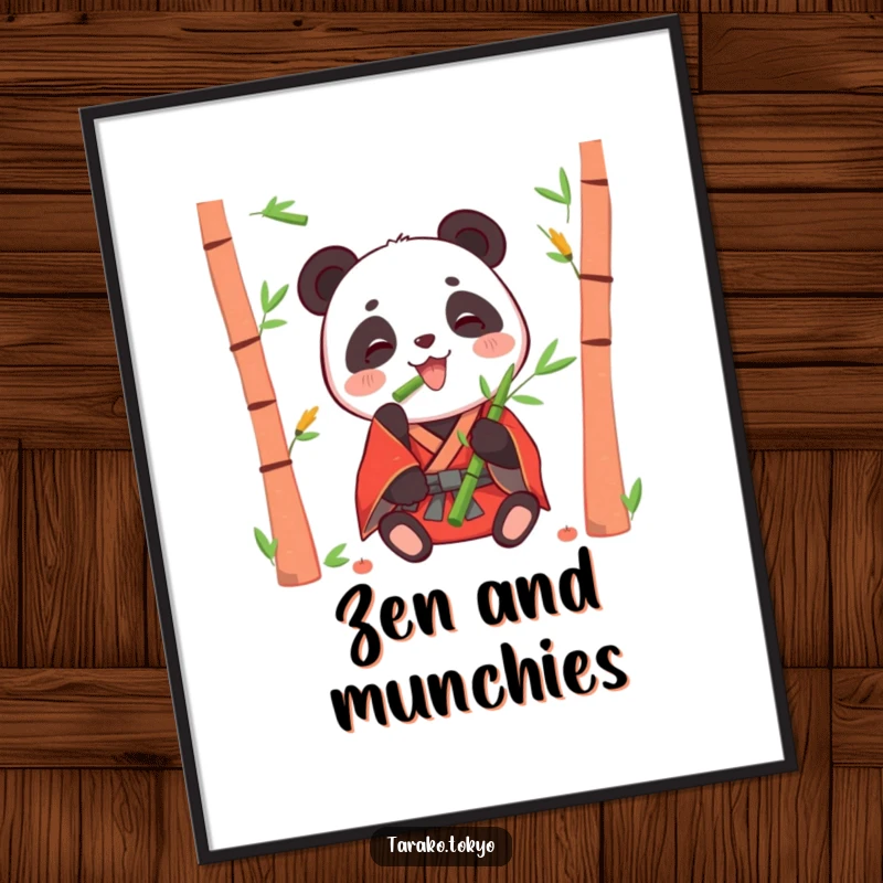 Funny poster of a happy panda in a red kimono eating bamboo shoots, embodying peaceful enjoyment and charm.