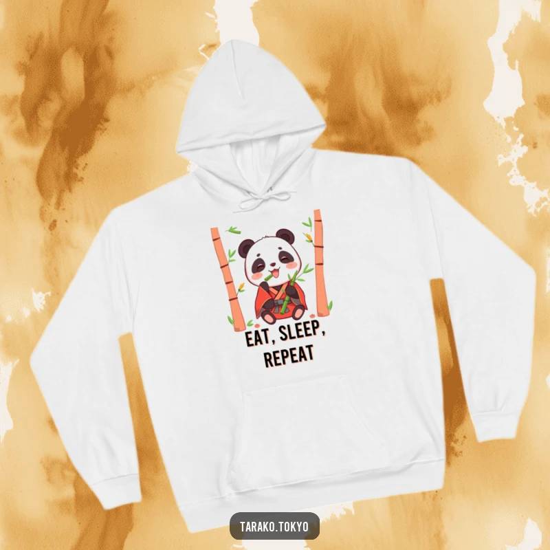 Funny hoodie featuring a happy panda in a red kimono eating bamboo shoots, offering warmth and wholesome cheer.