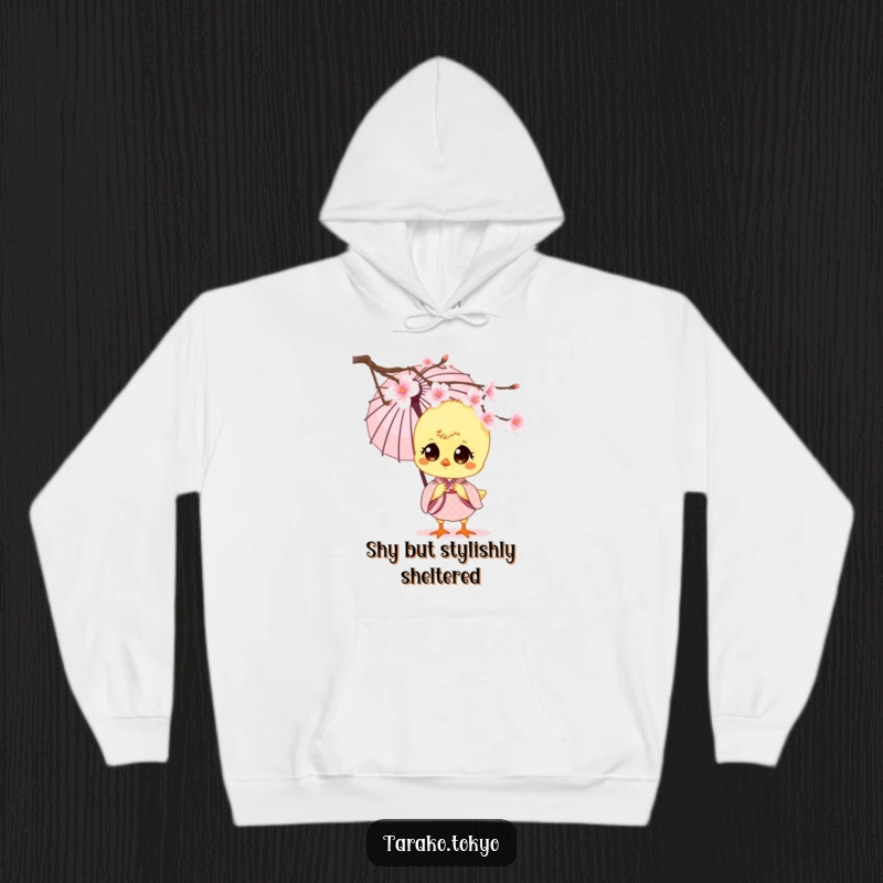 Funny charming chick hoodie, wearing a small kimono and paper umbrella, peeking from blossoms, offering warmth and sweet humor.