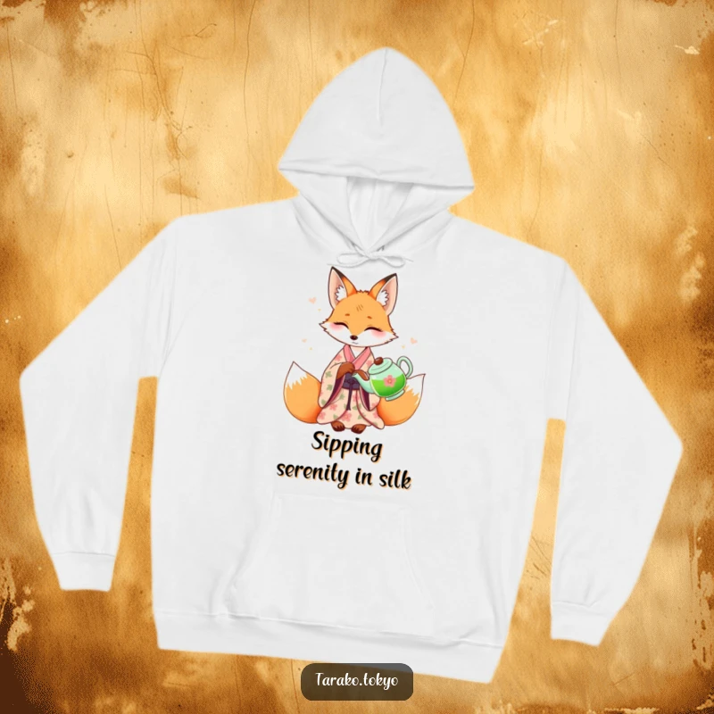 Funny graceful fox hoodie, adorned in a floral kimono, pouring green tea, offering warmth and artistic, understated humor.