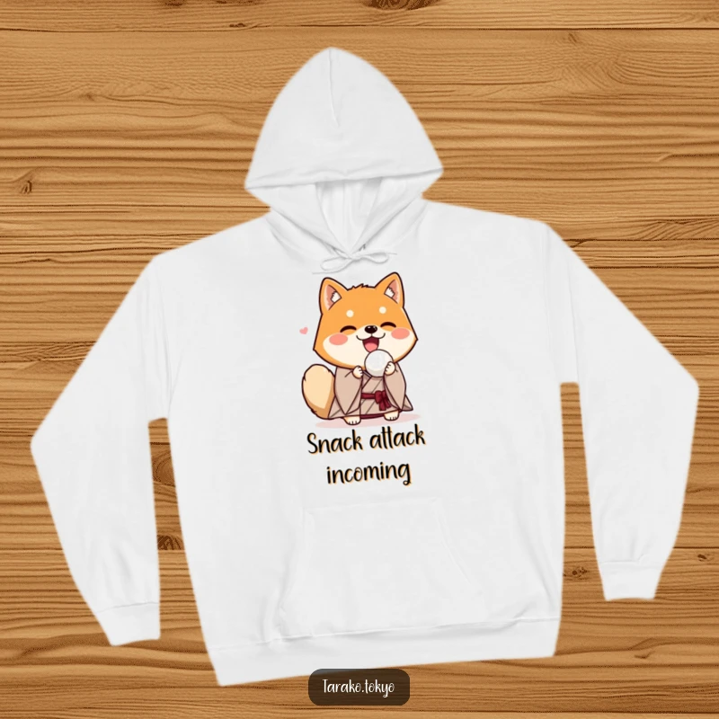 Funny Shiba Inu hoodie, wearing a kimono, enthusiastically presenting a rice ball, a warm and humorous piece.