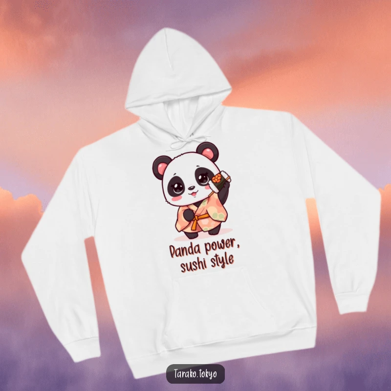 Funny cute panda hoodie, adorned in a vibrant kimono, presenting a spinning sushi roll, offering warmth and humorous delight.