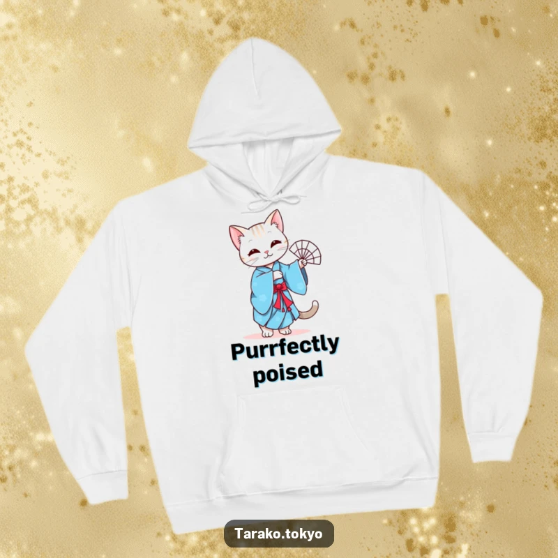 Funny hoodie featuring a graceful cat in a vibrant blue kimono performing a gentle fan dance, offering cozy elegance.
