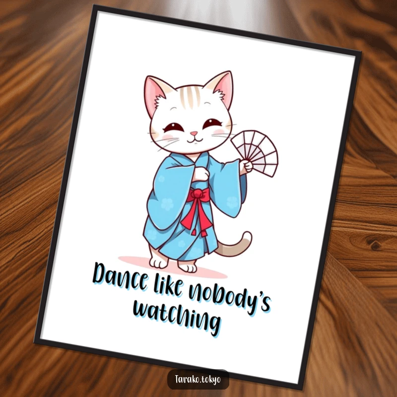 Funny free printable wall art of a graceful cat in a vibrant blue kimono performing an elegant fan dance.