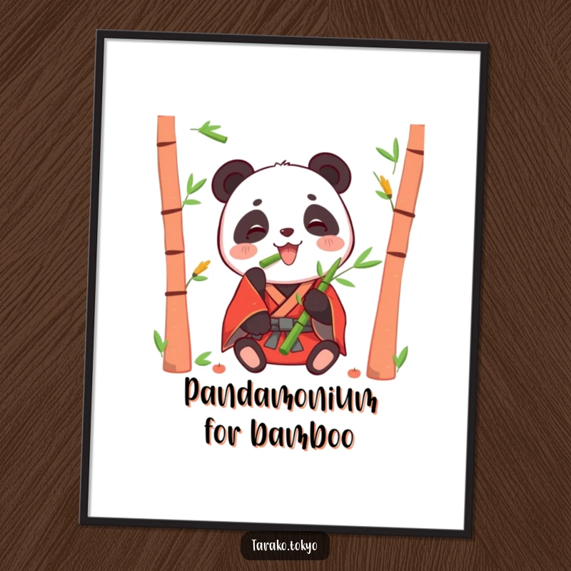 Funny free printable wall art of a happy panda character in a red kimono contentedly eating bamboo shoots.