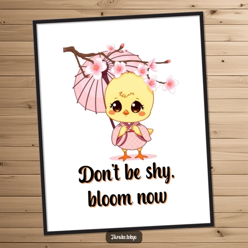 Funny Free Printable Wall Art: A charming chick in a small kimono and umbrella peeking from behind a vibrant cherry blossom.
