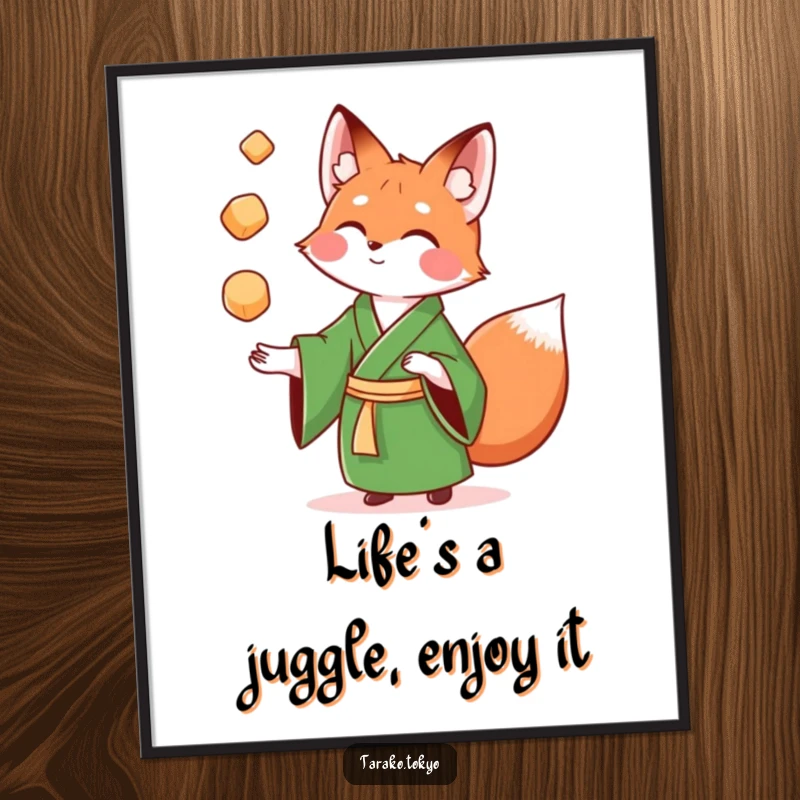 Funny Free Printable Wall Art: Playful fox in green kimono juggles colorful mochi, creating a vibrant and humorous decorative piece.