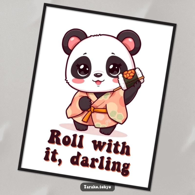 Funny Free Printable Wall Art: A cute panda in a vibrant kimono holding a surreal spinning sushi roll.