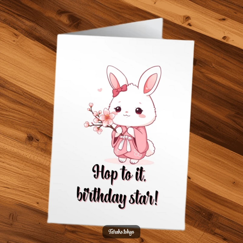 Funny Free Printable Birthday Card: Fluffy bunny in pink kimono holds cherry blossom, wishing a happy birthday with a sweet, humorous touch.