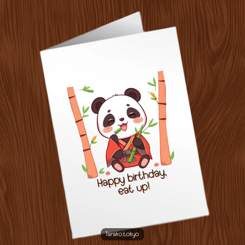 Funny free printable birthday card of a happy panda in a red kimono joyfully eating bamboo shoots.