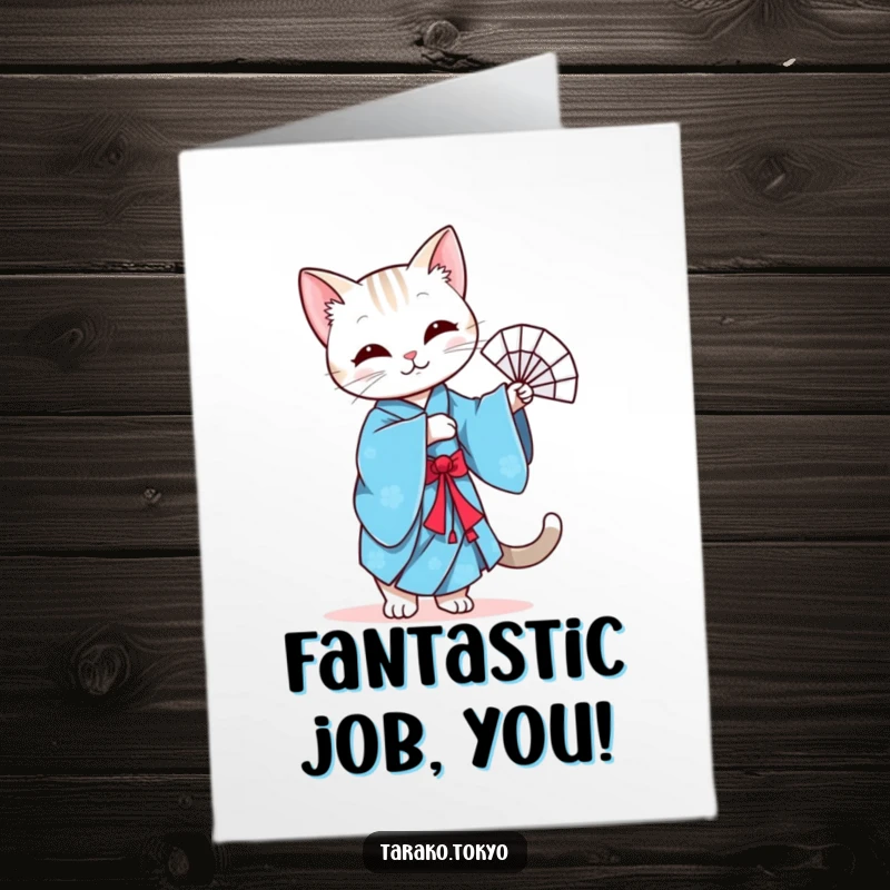 Funny free printable congratulations card featuring a graceful cat in a vibrant blue kimono doing a gentle fan dance.