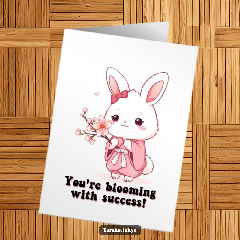 Funny Free Printable Congratulations Card: Fluffy bunny in pink kimono offers a cherry blossom, celebrating success with a gentle, humorous grace.