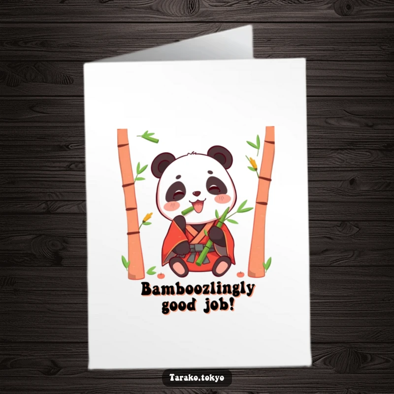 Funny free printable congratulations card featuring a happy panda in a red kimono munching on bamboo shoots happily.