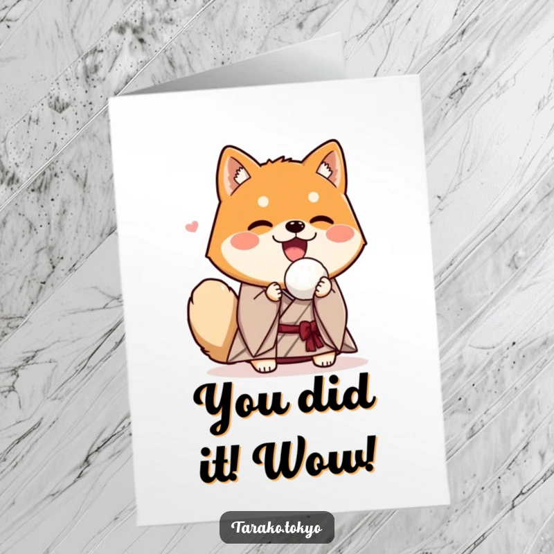 Funny Free Printable Congratulations Card: A happy Shiba Inu in a kimono offers a rice ball with pure delight.