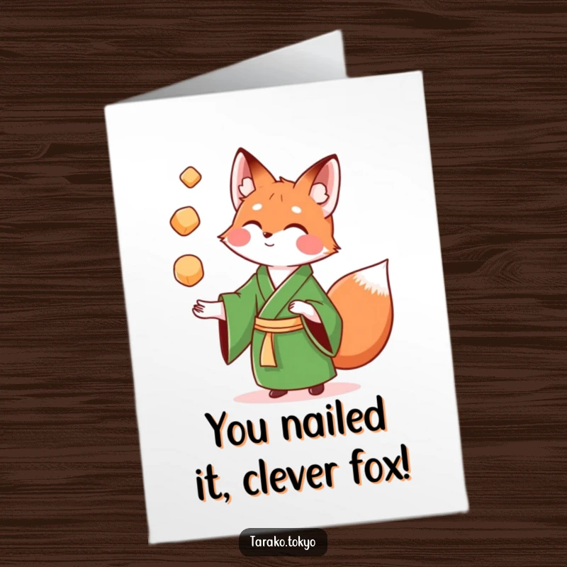 Funny Free Printable Congratulations Card: Playful fox in green kimono juggles colorful mochi, celebrating success with energetic humor.