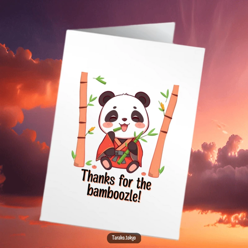 Funny free printable thank you card of a happy panda in a traditional red kimono eating bamboo shoots.