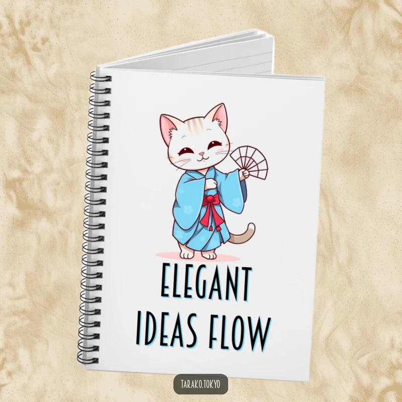 Funny notebook featuring a graceful cat in a blue kimono performing a fan dance, inspiring elegant writing and artistic doodles.