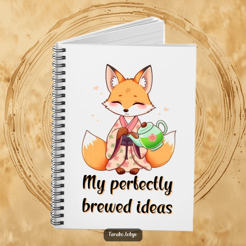 Funny graceful fox notebook, wearing a kimono and pouring green tea, inspiring elegant thoughts and refined creativity.