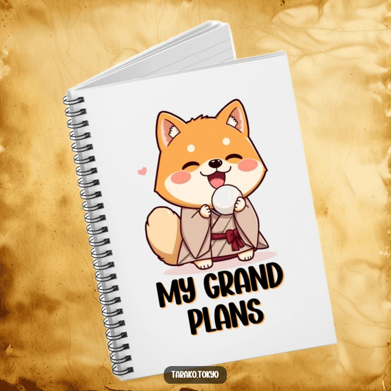 Funny Shiba Inu notebook, in a kimono, enthusiastically offering a rice ball, perfect for journaling humorously.